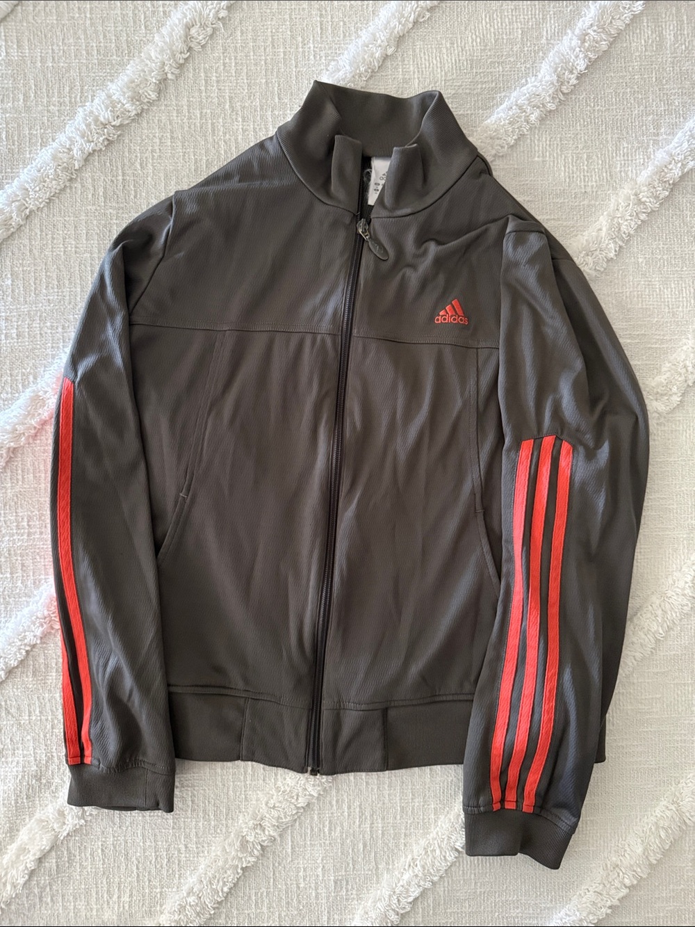 Adidas Ladies Grey Track Jacket with Orange Stripe Accents